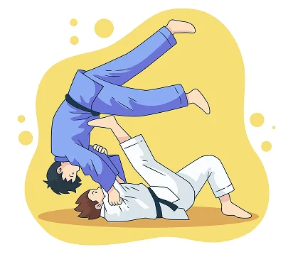 Deux judokas en kimono bleu et blanc s'affrontent dans un combat. L'un d'eux exécute une projection, soulevant son adversaire du sol sur un fond jaune.