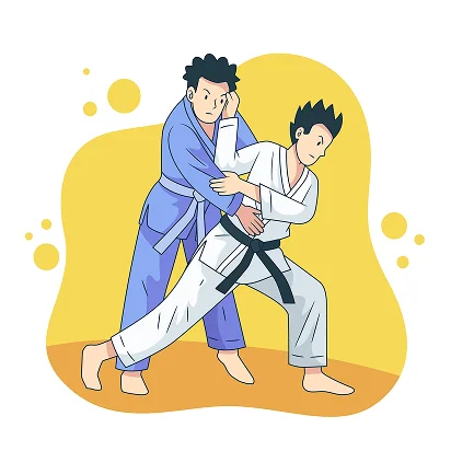 Deux pratiquants d'arts martiaux font la démonstration d'une technique de judo. L'un, en judogi bleu, projette l'autre, en judogi blanc. Le fond est une forme abstraite jaune.