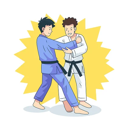 Deux artistes martiaux animés, vêtus d'uniformes bleus et blancs et de ceintures noires, pratiquent le judo. La scène est dynamique, sur fond d'étoiles jaunes.