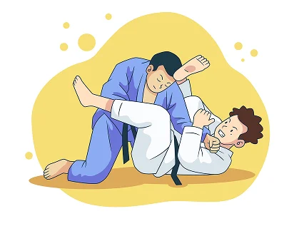 Deux judokas pratiquent le judo sur un tatami jaune ; l’un, en judogi bleu, immobilise l’autre, en judogi blanc. La scène est dynamique et traduit concentration et stratégie.
